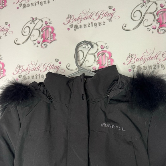 Merrell coat jacket parka puffer feather down black fur hood waist tie cinch - Picture 6 of 16